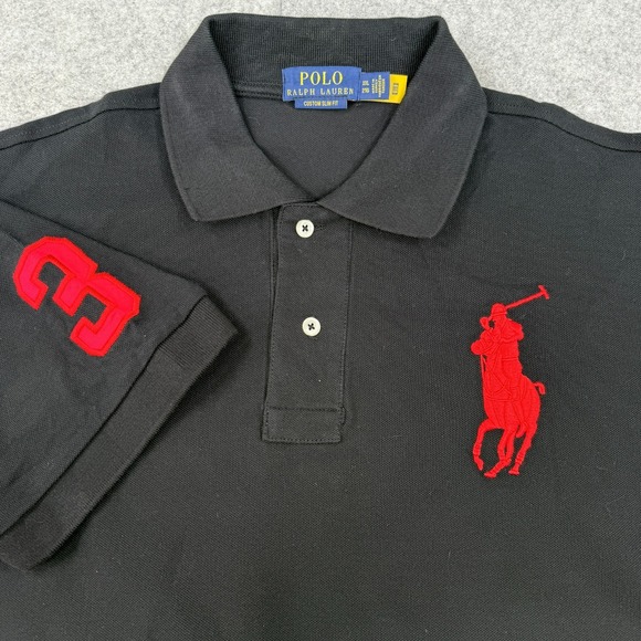 Polo Ralph Lauren Big Pony Polo Shirt Mens 2XL Custom Slim Fit Black Rugby 3 Red - Picture 1 of 8